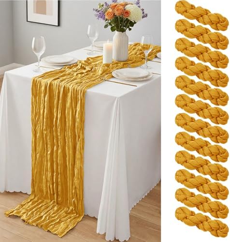 12 Pcs Gold Cheesecloth Table Runner 10Ft, Golden Yellow Gauze Table Runners 21.5 x 120 inch,Semi Sheer Cheese Cloth Fabric Runner Bulk for Wedding,Party,Baby Shower,Bridal Shower by Yemosa
