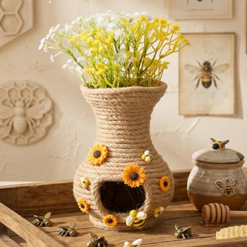 Novabright 3 Set 6 Inch Bee Hive Vase with Artificial Flowers Jute Rope - Image 4
