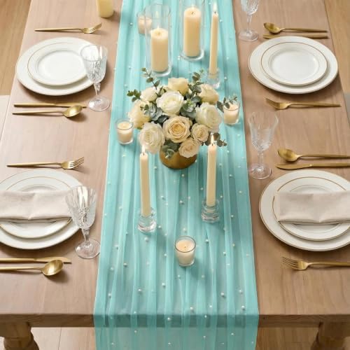 Artoid Mode 6-Pack Pearl Turquoise Gauze Table Runner 10FT Home Decor - Image 5