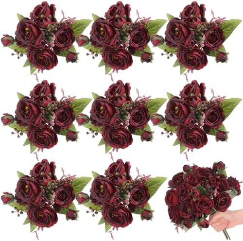 8 Bundles Artificial Peony Centerpiece Flowers,Burgundy by Yuxung