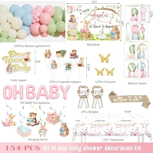 Party Inspo A New Chapter Begins Baby Shower Decorations, Storybook Baby Shower Decorations for Girl - Book Theme Party Supplies with Backdrop, Balloon Garland, Boxes, Tablecloth, Mom to Be Sash - Image 2