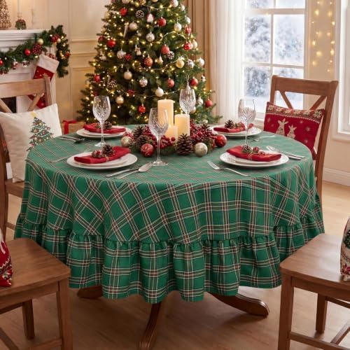 Romanstile Christmas Plaid Ruffled Round Tablecloth, 70 Inch Green - Image 3