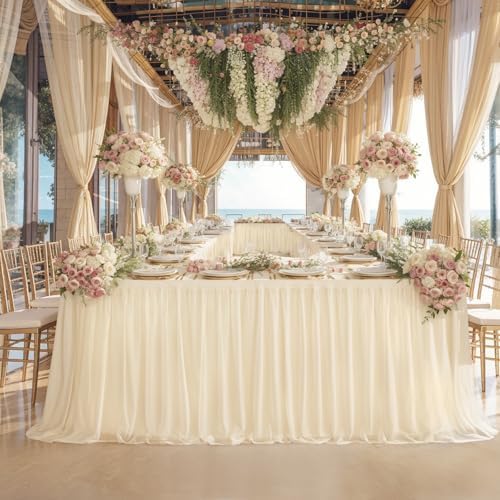 Champagne Table Cloths for 6 Foot Rectangle Tables, Tulle Table Skirt for Rectangle Table 6 ft Fitted Table Cover Desk Skirt Birthday Party Wedding Banquet Tablecloth Elastic Stretch Ruffle Tablecloth - Image 6