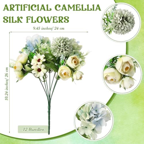 Tigeen 12 Bundles Peonies Artificial Flowers Faux Roses, Green - Image 2
