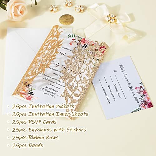 25Pcs Wedding Invitations Glitter Laser Cut Wedding Invitations With Envelopes And Rsvp Cards Blank Inner Sheet Personalized Gold For Engagement Quinceanera Bridal Baby Shower Birthday Party - Image 5