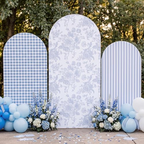 SiliFine Set of 3 Blue Chinoiserie Floral Arch Cover 4ft 5ft 6ft Striped Stretchy Backdrop Covers Gingham Patterns Backdrop Cover for Wedding Birthday Party Bridal Shower Baby Shower Celebration - Image 6