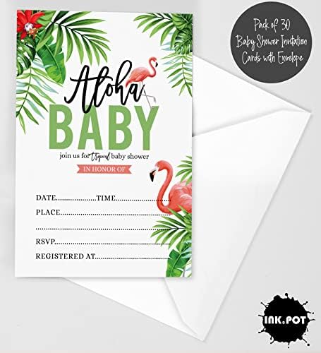 Pack of 30, Girl Baby Shower Party Collection, Baby Shower Invitation Cards, Fill in the Blank Invites WIth Envelopes, Tropical Leave & Flamingo Theme Party Supplies - Image 2