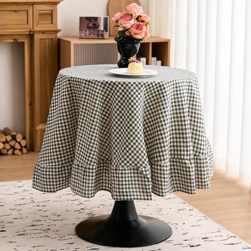 vctops Farmhouse Green Plaid Ruffle Table Cloth, Boho Cotton Linen Tablecloth, Washable Table Cover for Round Table Baby Shower Kitchen Party Wedding Decor (Grey Green,70") by vctops