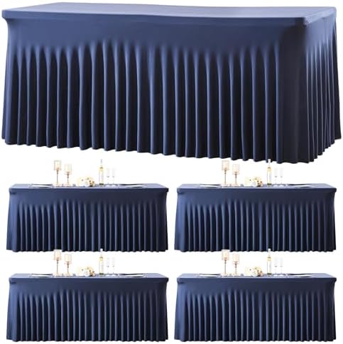 gogoparti 4 Pack Spandex Navy Blue Fitted Table Cloth for 6ft Rectangle Tables Navy Blue Stretch Tablecloth Banquet Table Covers Skirt Wrinkle Free Tablecloths for Parties Wedding by Gogoparti