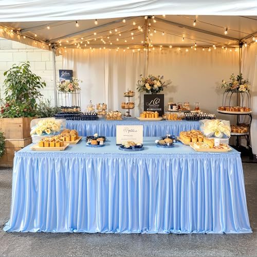 14ft Length Blue Satin Table Skirt Rectangle Tables-Wrinkle Resistant Ruffle Table Skirting Glitter Desk Cover Skirt for Baby Shower Birthday Party Ocean Shark Gender Reveal Cake Table Decorations - Image 2