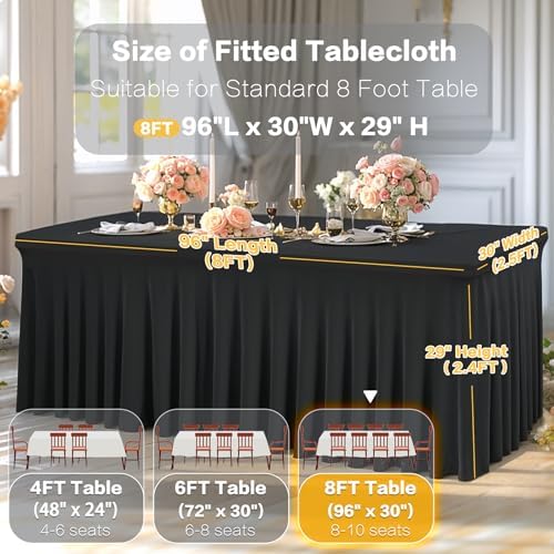 Shillance 8 Packs Black Spandex Table Covers 8 Foot, Fitted Stretch Table Cloth with Skirts 96x30 Inch, Wrinkle-Free Floor Length Rectangle Tablecloths for Weddings Parties Banquets Events - Image 3