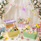 Funnymoom 24 Pcs Pastel Basket for Gifts Empty Pastel Colors Plaid Gift Basket Empty to Fill with Handle, Transparent Bag and Bow for Macaron Wedding Birthday Summer Party Favor Supplies, 9.8x6.5'' - Image 2