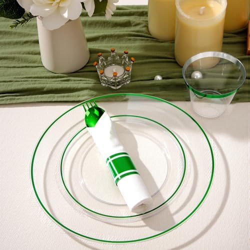 SUT 175 Pcs Green and Clear Plastic Dinnerware Set for 25 Guests, Include: 25 Dinner Plates, 25 Dessert Plates, 25 Pre Rolled Napkins With Silverware, 25 Cups, Disposable Plates for Party - Image 6