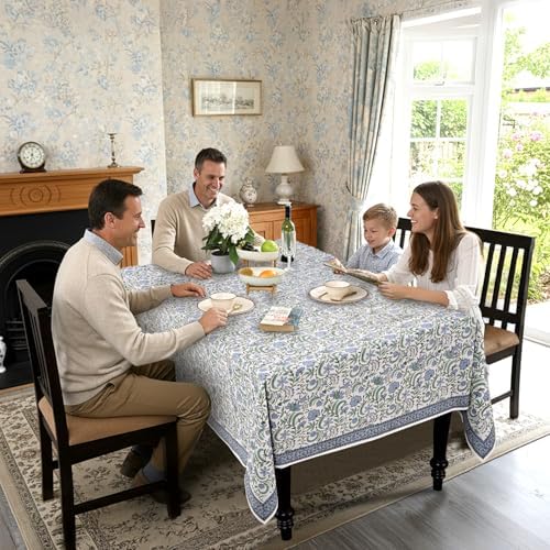 Ridhi Columbia Blue Hand Block Print Cotton Tablecloth 140 x 72 Inch - Image 3