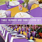 Breling 24 Pack Purple and Gold Disposable Tablecloths and Table Runner Set - Image 6