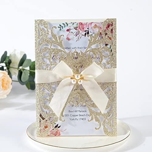 25Pcs Glitter Laser Cut Wedding Invitations with Envelopes and Rsvp Cards by Maffily