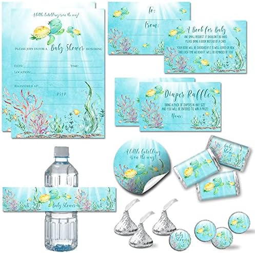 Amanda Creation Sea Turtle Baby Shower Bundle for 20, Little Hatchling Invitations, Diaper Raffle, Book Request Cards, Stickers & Labels by AmandaCreation