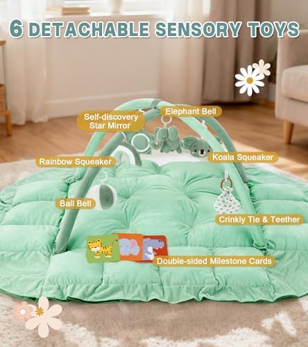 5-in-1 Baby Play Gym and Tummy Time Mat, 12 Learning Cards, Plush Activity Mat with 6 Toys, Baby Gym, Convertible to Ball Pit, Baby Gift, Sage Green - Image 3