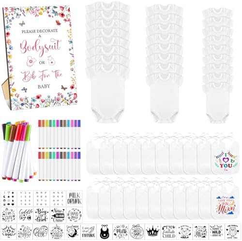 Panitay 100 Pcs White Baby Bodysuits Bibs Kit 25 Guests, Flower by Panitay
