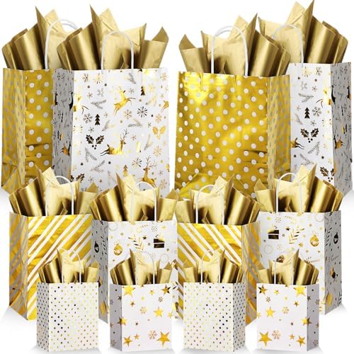 Humyoun 24 Pack Christmas Paper Gift Bags Bulk Assorted Sizes, White,Gold by Humyoun