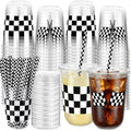 LemonRoad 100sets 16oz Checkered Flag Cups Race Car Birthday Party Decorations Supplies Plastic Cups Disposable with Lids and Straws for Racing Party Christmas Birthday Wedding Baby Shower Decoration by Unknown