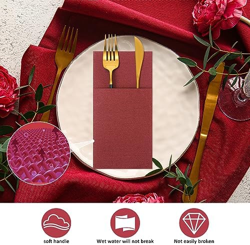 Cindeer 75 Pcs Burgundy Linen Dinner Napkins with Built in Flatware - Image 6