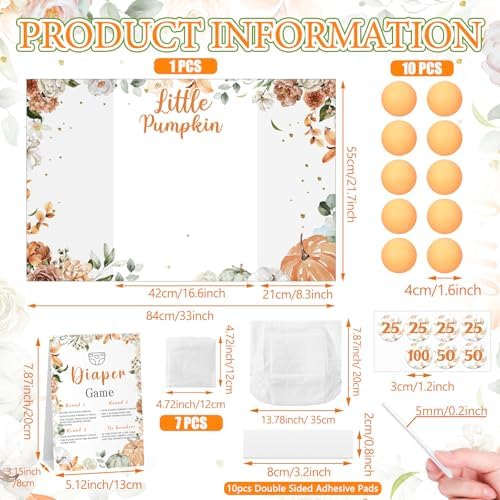 Ctosree 31 Pcs Little Pumpkin Baby Shower Diaper Game 1 Diaper Baby Shower Game Board 7 Diapers 10 Plastic Balls 1 Organza Bag for Bridal Games Boy Girl - Image 3
