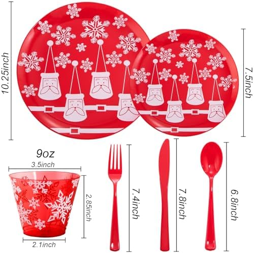 KIRE 150PCS Christmas Plastic Plates Dinnerware - Santa Claus Christmas Plates with Red Silverware include 25Dinner Plates 25Salad Plates 25Forks 25Knives 25Spoons 25Cups - Image 4