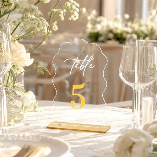 FOCHIER F Wedding Table Number 1-20 with Stand,Gold Arched Acrylic Sign with Holder for Wedding Reception,Centerpiece,Anniversary(Wave) - Image 3
