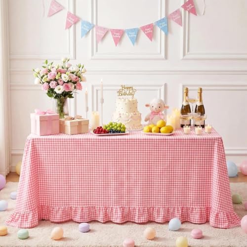 Eternal Beauty Gingham Ruffled Tablecloth Pink White 60x120 Farmhouse - Image 2