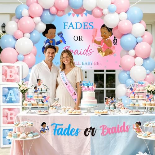 Fades Or Braids Gender Reveal Party Decorations Kit With 4.9 x 3.3 ft Backdrop Banner Balloon Garland Cake Topper Cupcake Toppers Sash And Letter Banner For Baby Shower Celebration - Image 3
