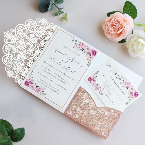 Hosmsua 50PCS Personalized Rose Gold Glitter Laser Cut Flora Invitation Pocket, 5.12 x 7.2 Wedding Invitation Pockets with Envelopes for Wedding Bridal Shower Engagement Quinceanera Invite - Image 4