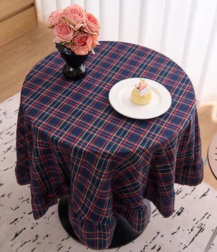 vctops Christmas Navy Plaid Ruffle Table Cloth, Farmhouse Cotton Linen Tablecloth, Washable Table Cover for Round Table Baby Shower Kitchen Party Wedding Decor (Navy,70") - Image 3