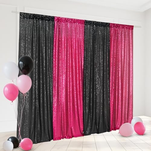 Eternal Beauty Black & Hot Pink Sequin Backdrop Curtains, 4 Panels 2x8FT - Image 2