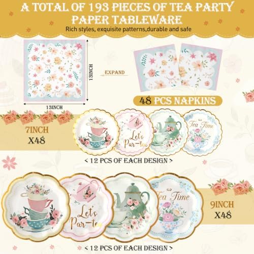 Yungyan 193 Pcs 48 Set Floral Tea Party Supplies, Tea Party Plates and Napkins Set with Tablecloth, Disposable Handle Teacups and Saucers for Birthday Wedding Bridal Shower Decorations (Elegant Style) - Image 2