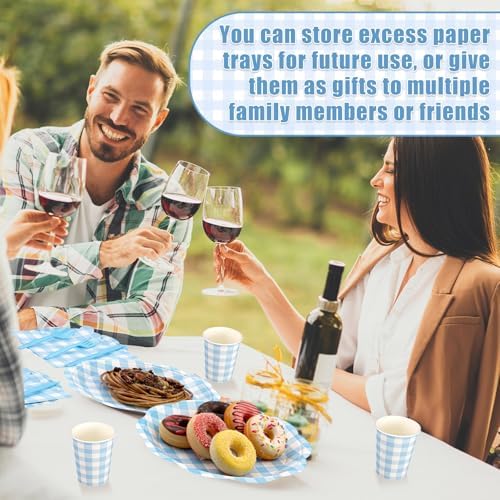 Funnymoom 400 Pcs Gingham Party Supplies for 50 Guests Light Blue and White Paper Plates and Napkins Knives Spoon Fork Cup Disposable Checkered Dinner Party Set Cutlery for Baby Shower Wedding Favor - Image 4