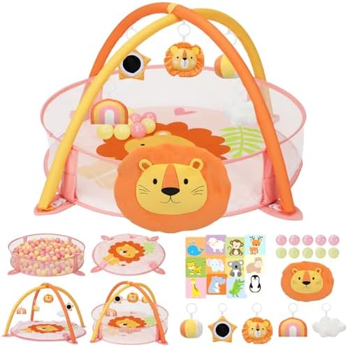 7-in-1 XL Large Baby Play Gym Mat, Tummy Time Mat, Baby Gym & Ball Pit, Baby Activity Mat with Milestone Cards & 6 Detachable Toys for Sensory Motor Skill, Lion by Unknown