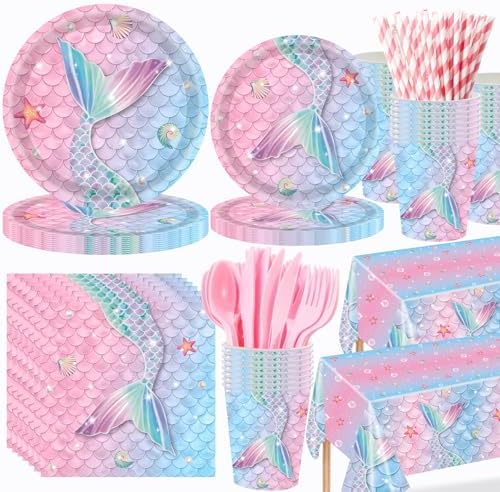Funnymoom 452 Pcs Mermaid Party Decorations Include Sea Mermaid Paper Plates Napkins Cups Tablecloth Cutlery Straws Ocean Tableware for Baby Shower Birthday Party Supplies by Funnymoom