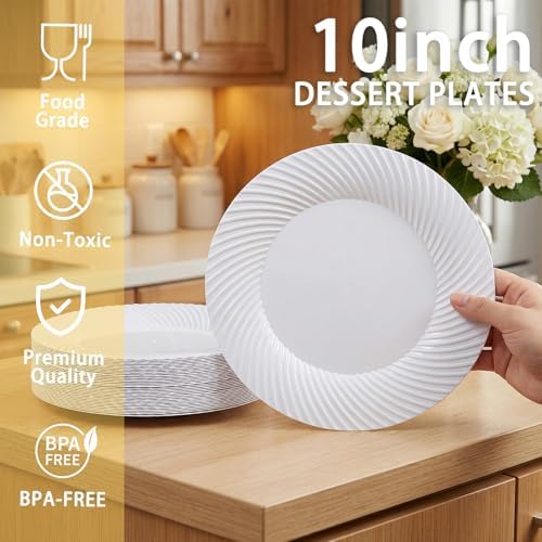 IOOOOO 100Pcs 10" White Plastic Dinner Plates,Disposable Plates for Party - Image 2