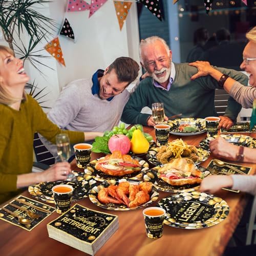 Funnymoom 400 Pcs Happy Retirement Party Supplies for 50 Guest Black and Golden Disposable Plate Napkin Cup Fork for Retire Party Decoration Tableware Favor for Women Men(Black and Golden, Retirement) - Image 4