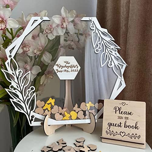 Personalized Wedding Wooden Guest Book: Creative Acrylic Custom Name Alternative Inserts Box DIY Custom Rustic Wedding Heart Drop Guest Book for Graduation Anniversary Wedding Decor (Flower Hexagon) by Drawelry