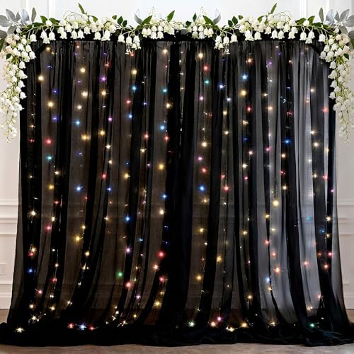 Ledido 10×8ft Black Tulle Backdrop Curtains with Lights String - 300LED RGB Lights Sheer Curtain Backdrop for Wedding Baby Shower Photo Shoot Birthday Party Decoration(2 Panels 5×8ft)，Black by Ledido