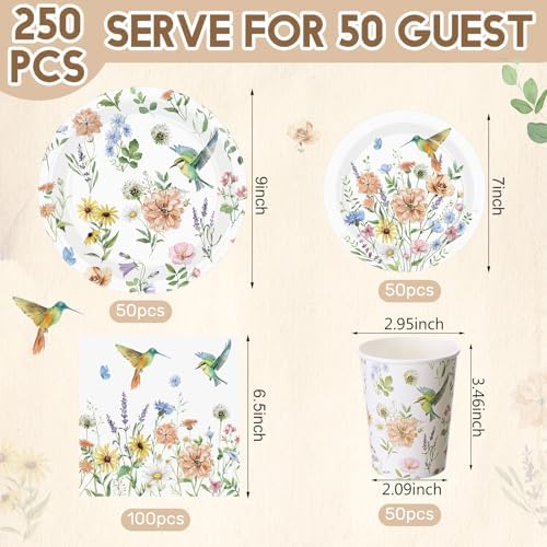 Pickmesh 250 Pcs Spring Wildflower Decoration Floral Hummingbird Themed Disposable Paper Plates Napkins and Cups Dinner Tableware for Birthday Party Dinnerware Birthday Baby Shower Tea Party Supplies - Image 2