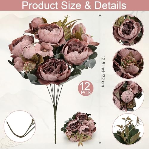 12 Bundles Faux Peony Flowers Bulk - Vintage Purple - Image 2