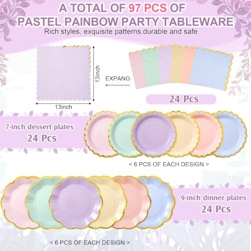 Yungyan 97 Pcs 24 Set Pastel Party Supplies, Gradient Rainbow Party Plates and Napkins Set with Tablecloth, Disposable Handle Teacups and Saucers for Birthday Wedding Bridal Shower Decorations - Image 2