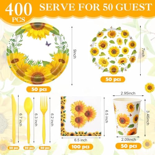 Pickmesh 400 Pcs Sunflower Party Supplies Paper Plates and Napkins Serve 50 - Image 2