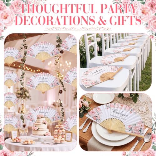 Wenqik 100Sets Pink Flower Hand Folding Fans,Wedding Party Favors for Guest - Image 4
