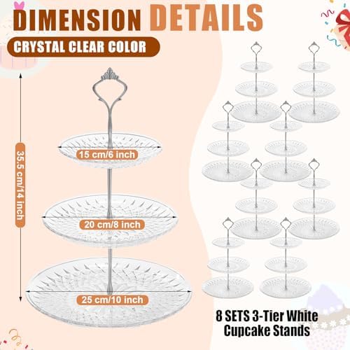 Patelai 8 Packs 3 Tier Acrylic Cake Stand with Round Holder 3 Tier Serving Tray Acrylic Crystal Cupcake Stand Holder for Home Wedding Birthday Baby Shower Tea Party Favors(Clear, Silver Crown) - Image 3