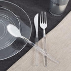 Luxe Party 128 Pieces Two Tone Plastic Disposable Cutlery | Forks-Spoons-Knives | Full Size | Chic Round | Clear and Silver - Image 4