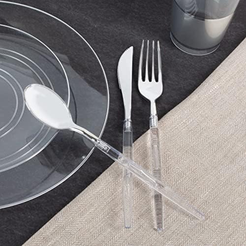 Luxe Party 128 Pieces Two Tone Plastic Disposable Cutlery | Forks-Spoons-Knives | Full Size | Chic Round | Clear and Silver - Image 4